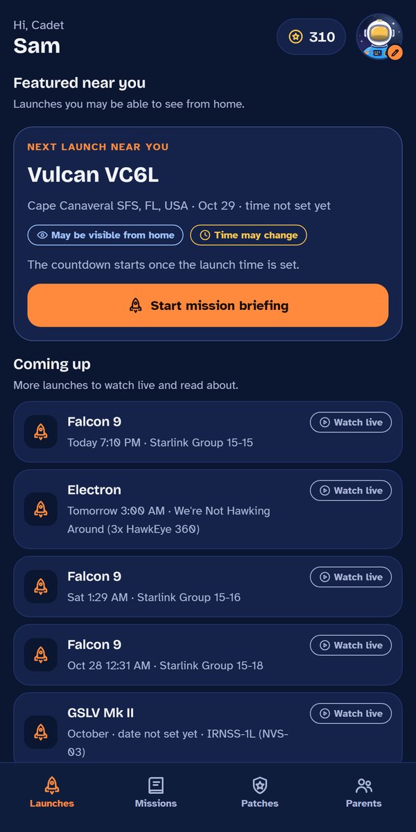 The Countdown Cadets launch screen: a Vulcan launch marked May be visible from home, with a Start mission briefing button and a list of upcoming launches.