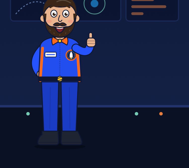 Captain Carl Cosmos in his blue mission suit, giving a thumbs up.