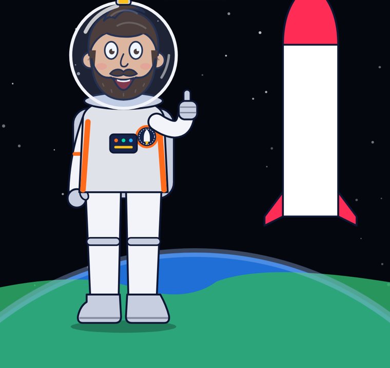 Captain Carl Cosmos in a spacesuit next to a rocket, with Earth below.